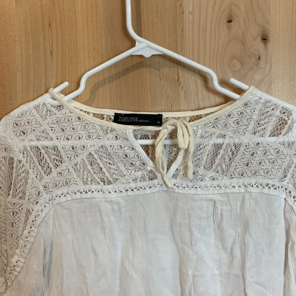 𝅺ZANZEA Collection cream long sleeve shirt w lace top w tie size Medium - Picture 2 of 6